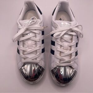 adidas  White Black Sneakers with Silver Shell Toes